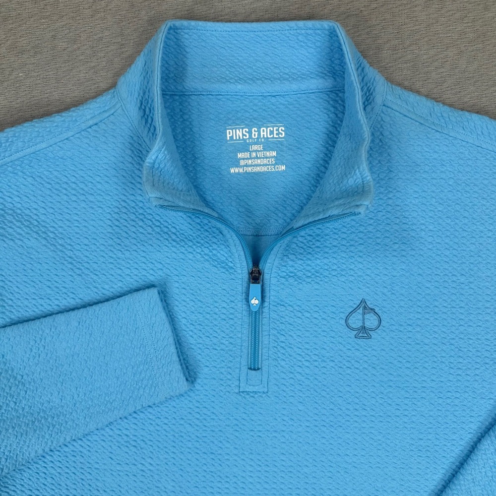 Pins & Aces Golf 1/4 Zip Pullover Mens Large Blue Textured Sweater Waffle Knit